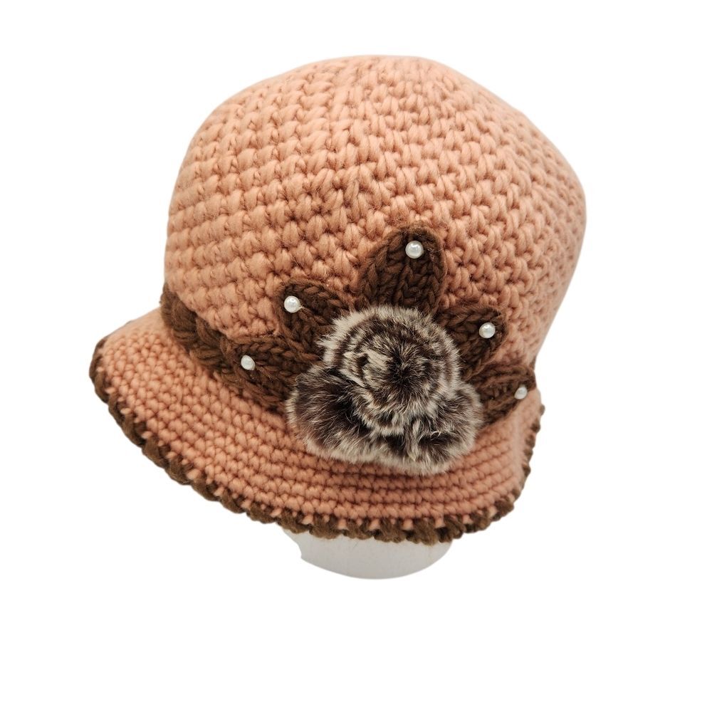 Handmade Crochet Knit Cloche Hat S/M Vintage Style Fur Pearl Floral Cottagecore